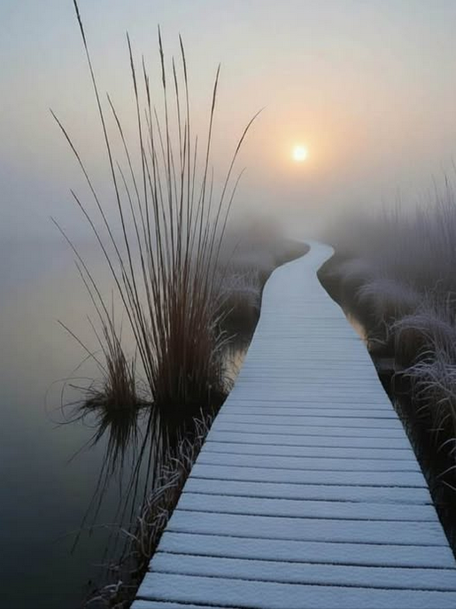 Sentier en bois serpentant entre les roseaux, partant dans la brume avec le soleil couchant au loin, symbolisant le cheminement personnel et la méthode ACCORDS.